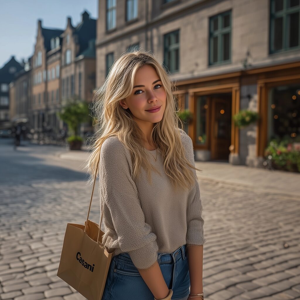 AI Generate Image - Young woman goes shopping in Scandinavia