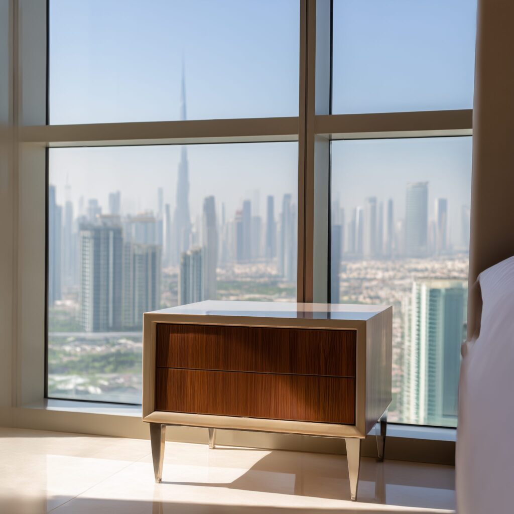 AI-Generated image of bedside table inside a modern apartment in Dubai