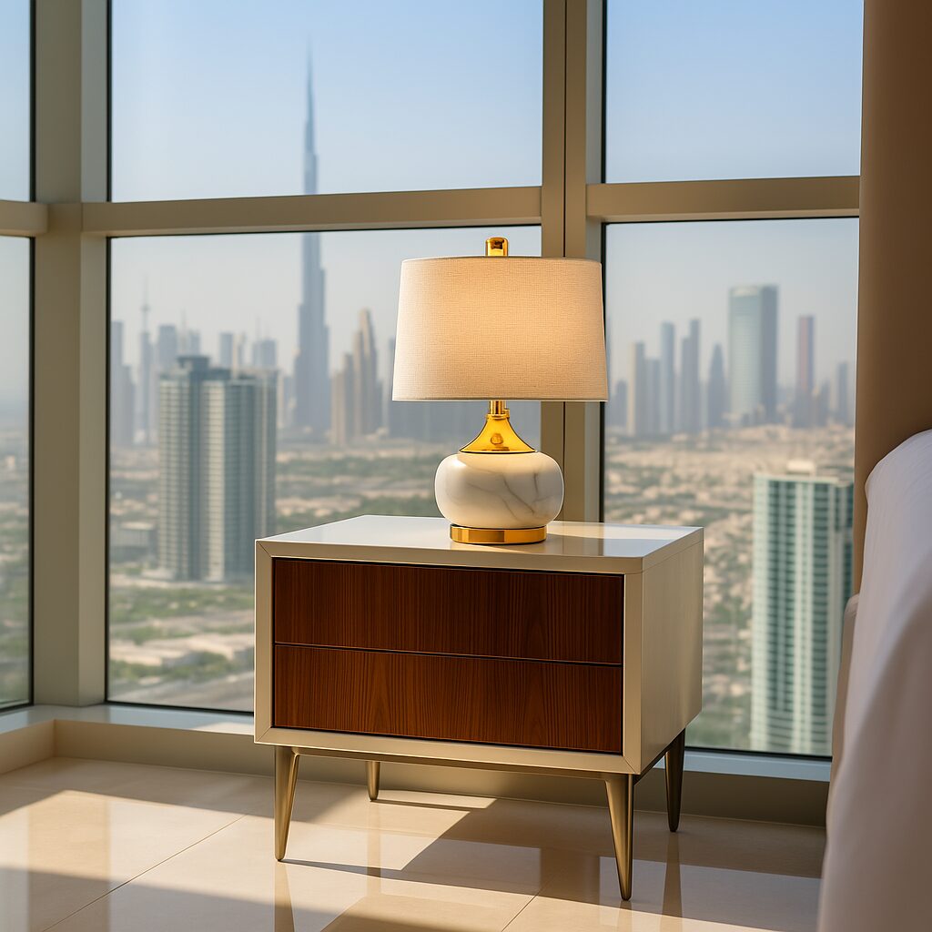 AI-Generated image of a table lamp inside a modern apartment in Dubai