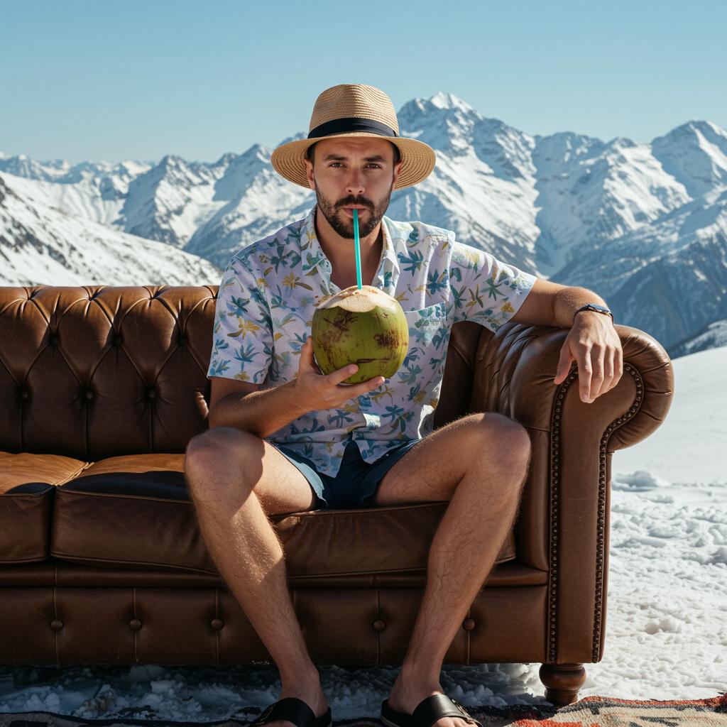 AI generated image of man in summer outfit sitting on a sofa and drinking a fresh coconut on top of a mountain.