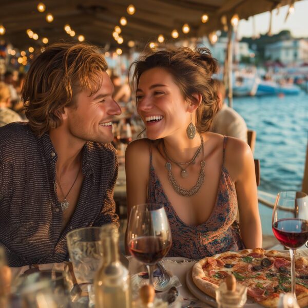 ai photography of a romantic couple in an Italian Mediterranean restaurant