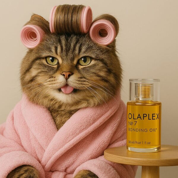 AI Image with a cat in a pink bathrobe and heir curlers advertising hair oil