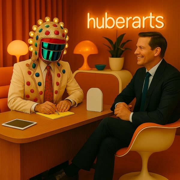 AI stock photography - A man in a futuristic outfit has a meeting with a client in a business suit inside a 70s styled office
